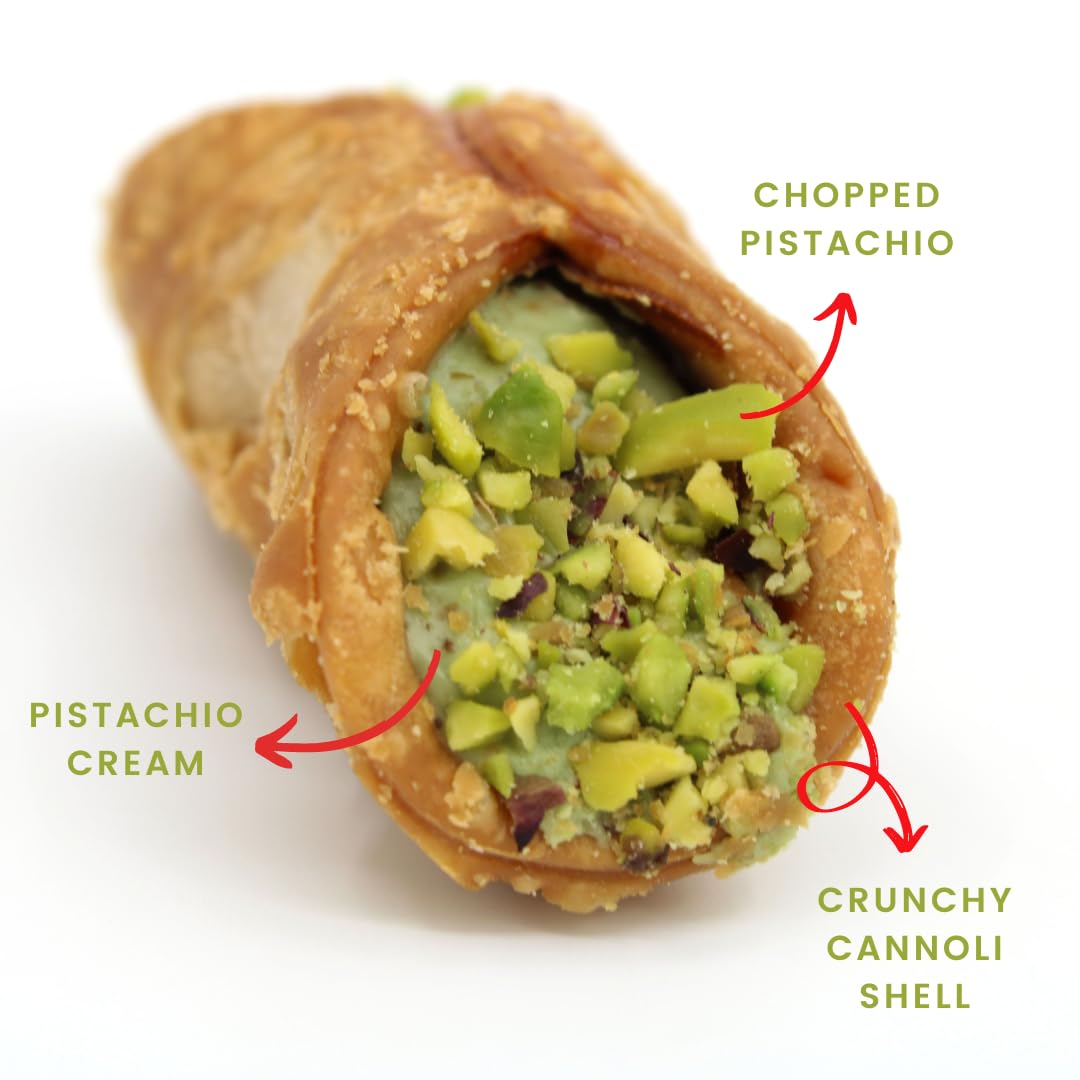 Close-up of pistachio cannoli with crunchy golden shell, creamy pistachio filling, and chopped pistachio topping – authentic Italian dessert by Gusto Etna
