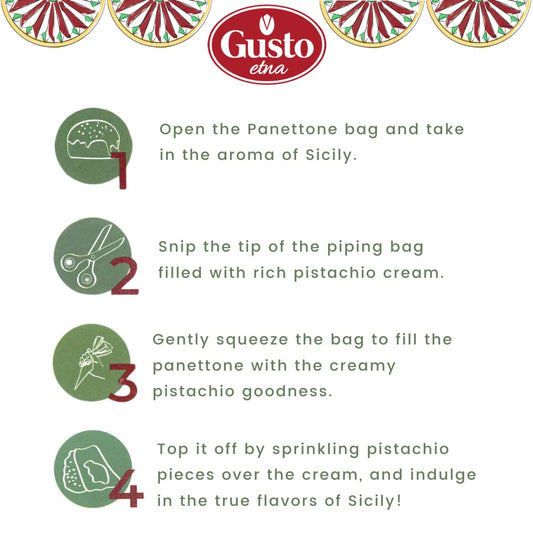 Gusto Etna Pistachio Panettone gift set, featuring a large artisanal panettone, piping bag filled with creamy pistachio butter, packet of chopped pistachios, and decorative gift box with a colorful Sicilian-inspired design