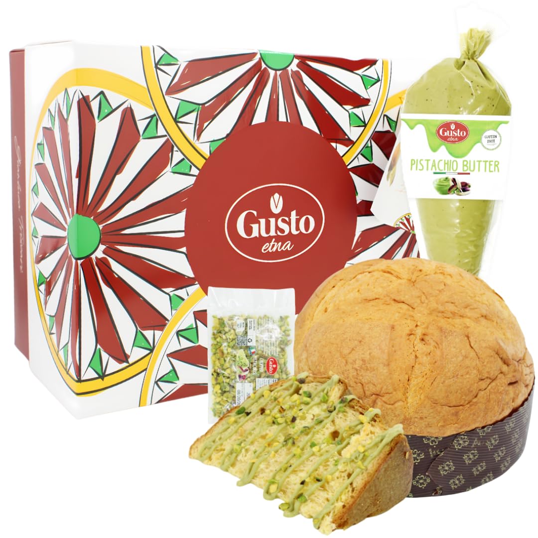 Gusto Etna Pistachio Panettone gift set, featuring a large artisanal panettone, piping bag filled with creamy pistachio butter, packet of chopped pistachios, and decorative gift box with a colorful Sicilian-inspired design