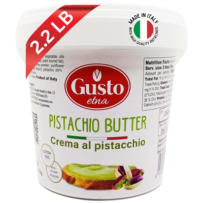 Creamy Italian pistachio butter in a 2.2 lb tub, perfect for spreading, baking, or gourmet desserts.