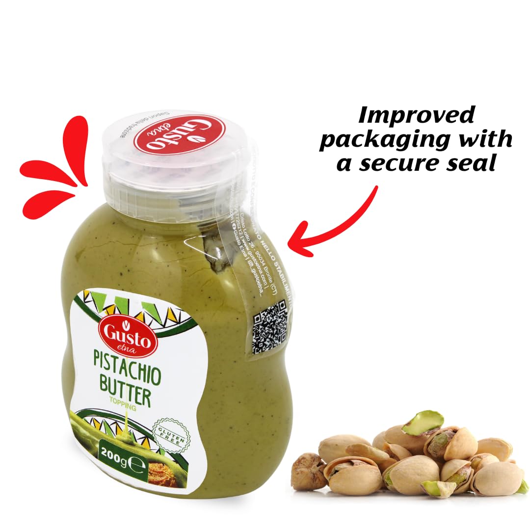 Gusto Etna Pistachio Butter 200g with improved secure seal packaging and whole pistachios, gluten-free gourmet topping for desserts, pastries, and ice cream