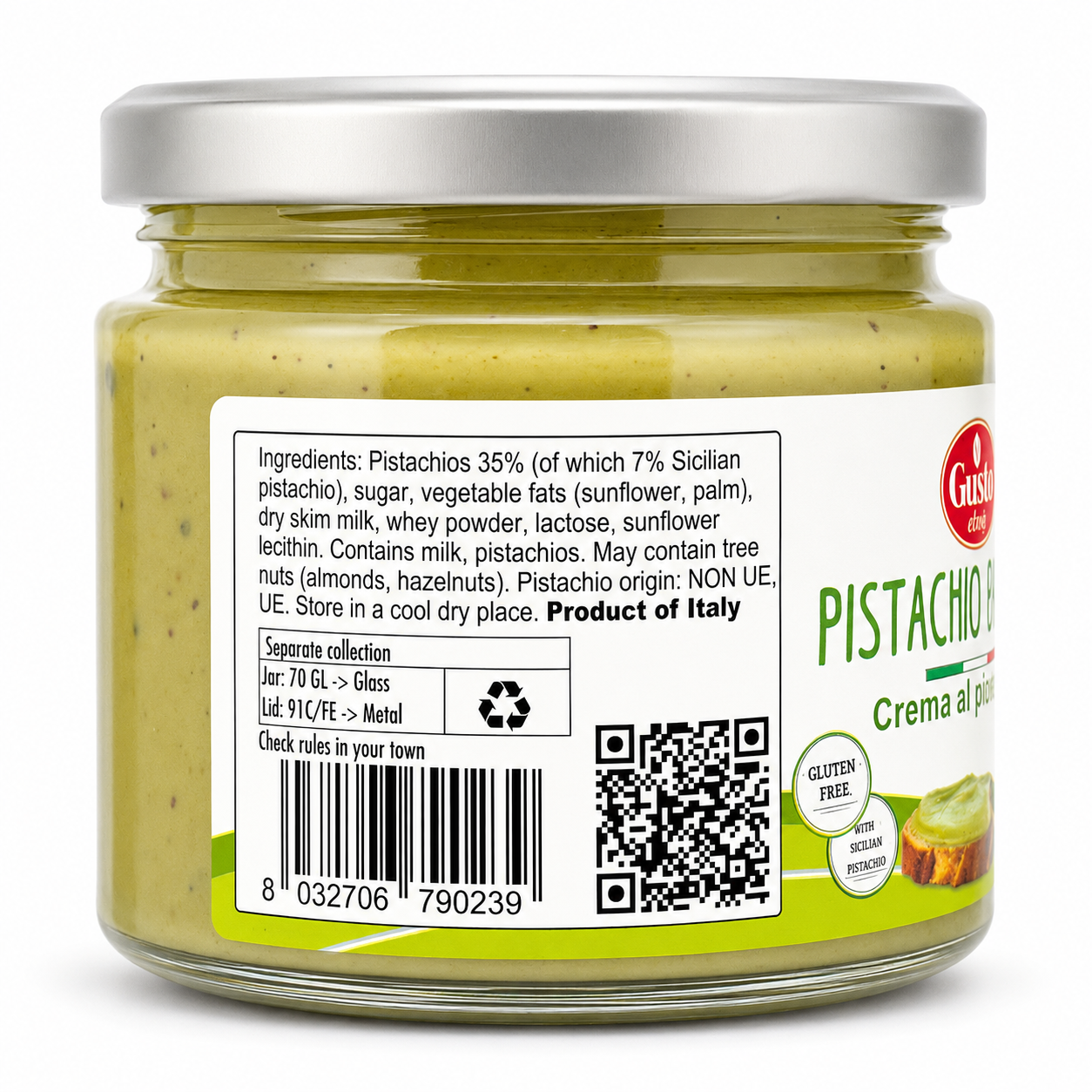 Glass jar of Gusto Etna Pistachio Butter, labeled “Crema al pistacchio,” gluten-free and made with Sicilian pistachio, with the lid on and no bread or toast shown.