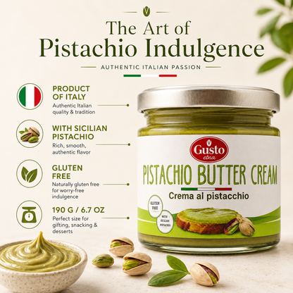 Gusto Etna Pistachio Cream Spread. Made with 35% pistachios, this smooth and creamy pistachio spread delivers rich nutty flavor in a convenient 190g jar