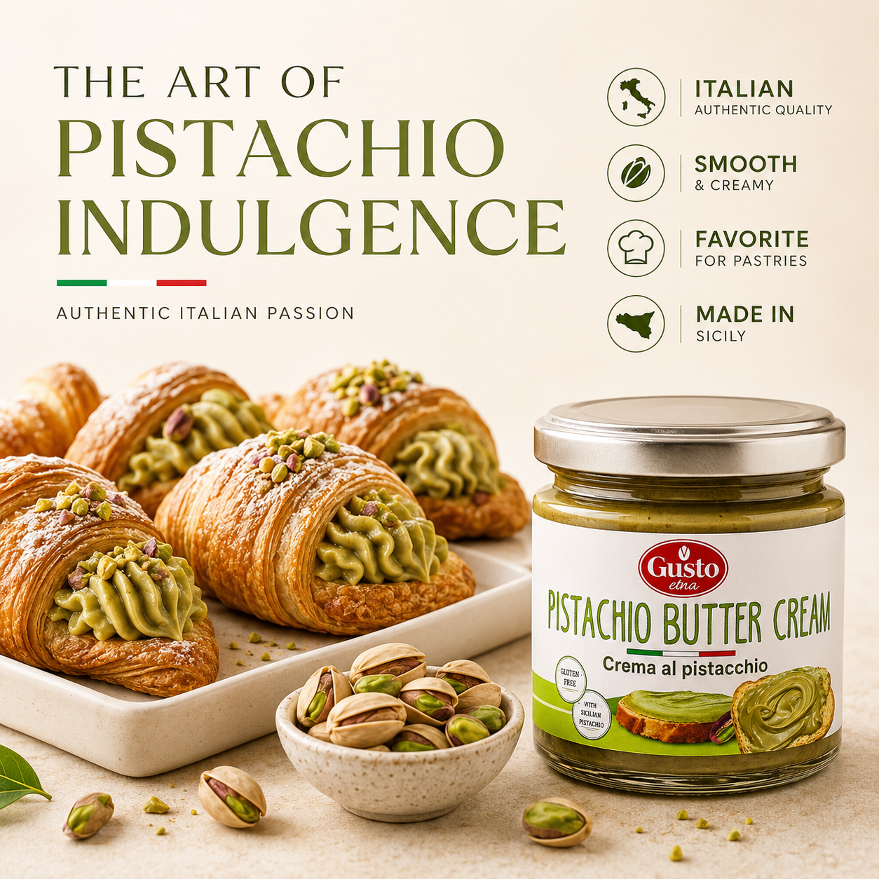 Gusto Etna Pistachio Cream Spread. Made with 35% pistachios, this smooth and creamy pistachio spread delivers rich nutty flavor in a convenient 190g jar