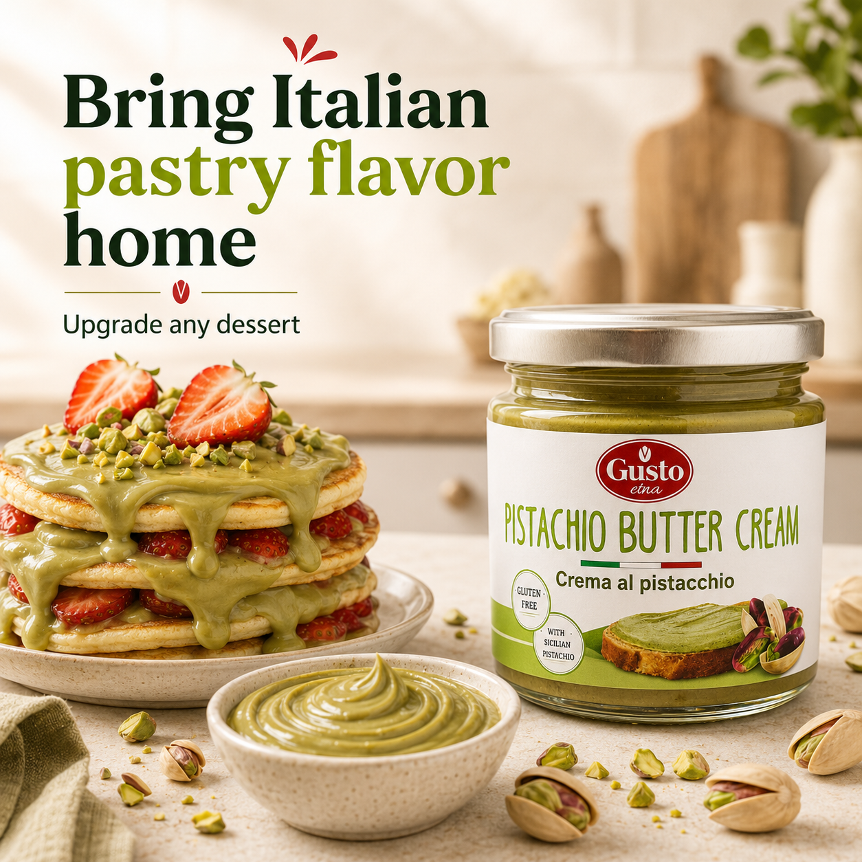 Gusto Etna Pistachio Cream Spread. Made with 35% pistachios, this smooth and creamy pistachio spread delivers rich nutty flavor in a convenient 190g jar