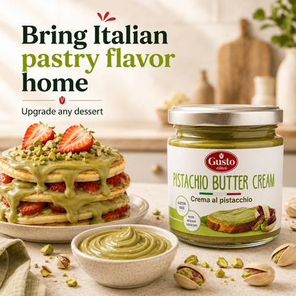 Gusto Etna Pistachio Cream Spread. Made with 35% pistachios, this smooth and creamy pistachio spread delivers rich nutty flavor in a convenient 190g jar
