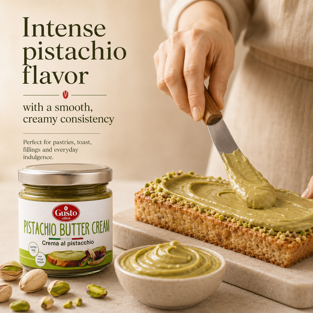 Gusto Etna Pistachio Cream Spread. Made with 35% pistachios, this smooth and creamy pistachio spread delivers rich nutty flavor in a convenient 190g jar