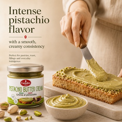 Gusto Etna Pistachio Cream Spread. Made with 35% pistachios, this smooth and creamy pistachio spread delivers rich nutty flavor in a convenient 190g jar