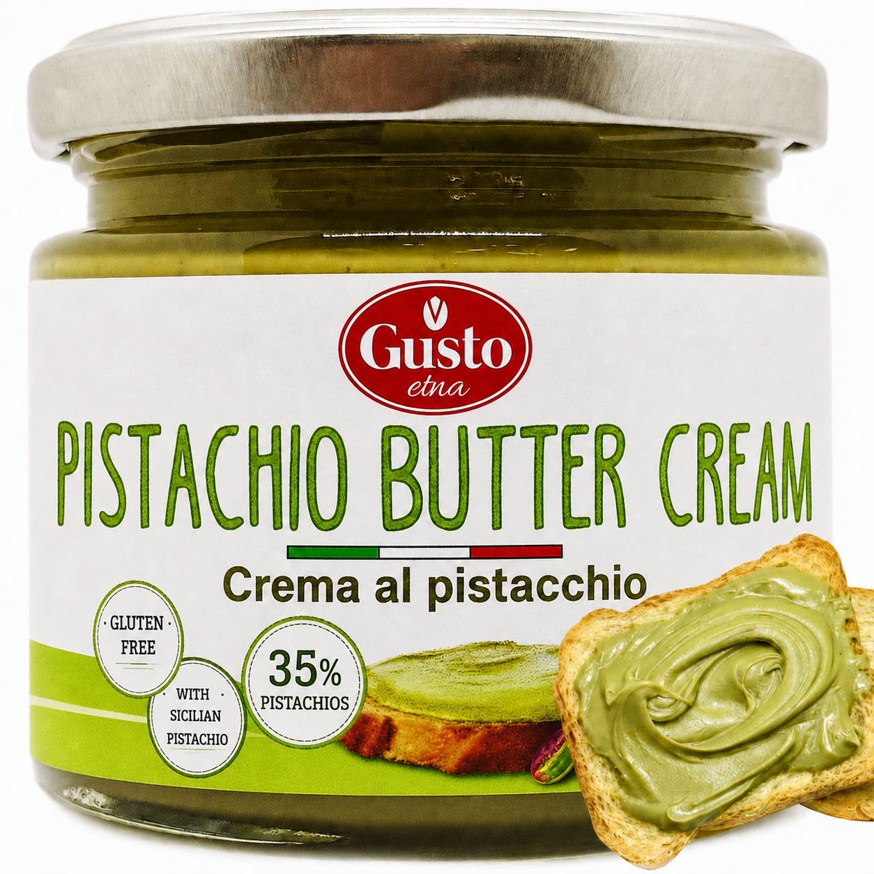 Glass jar of Gusto Etna Pistachio Butter, labeled “Crema al pistacchio,” gluten-free and made with Sicilian pistachio, with the lid on and no bread or toast shown.
