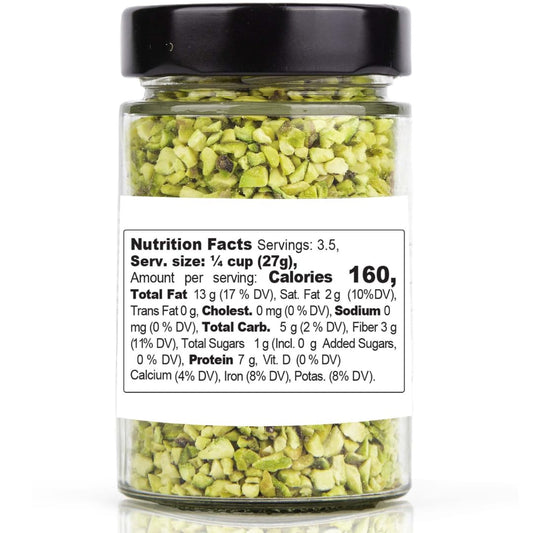 Gusto chopped pistachios in a 3.5oz (100g) jar, made in Italy, perfect for topping and baking.