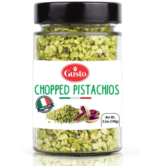 Gusto chopped pistachios in a 3.5oz (100g) jar, made in Italy, perfect for topping and baking