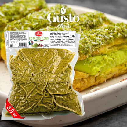 Gusto etna pistachio flour package with a dish of green pastry in the background