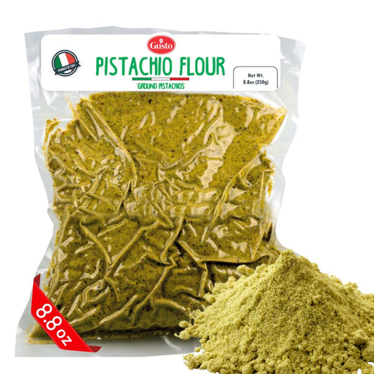 Package of Gaudio Pistachio Flour with a small pile of powder on a white background