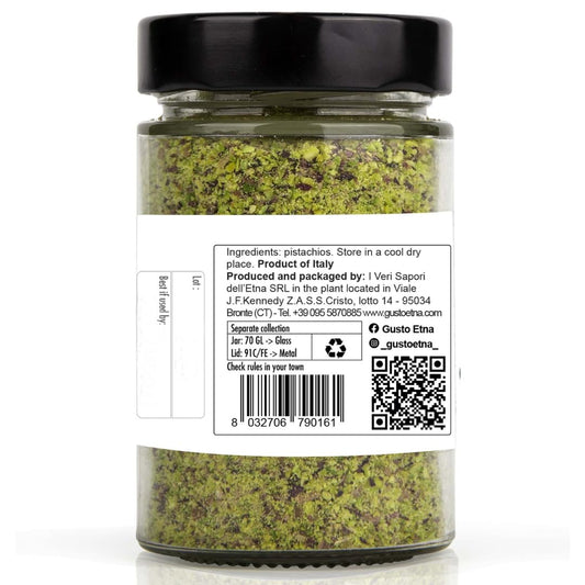 Gusto Pistachio Flour in a glass jar, made from finely ground pistachios, ideal for baking and gourmet recipes