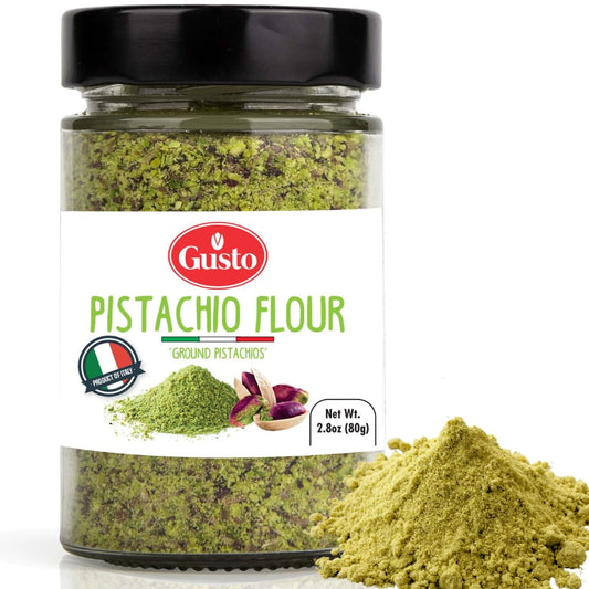 Gusto Pistachio Flour in a glass jar, made from finely ground pistachios, ideal for baking and gourmet recipes