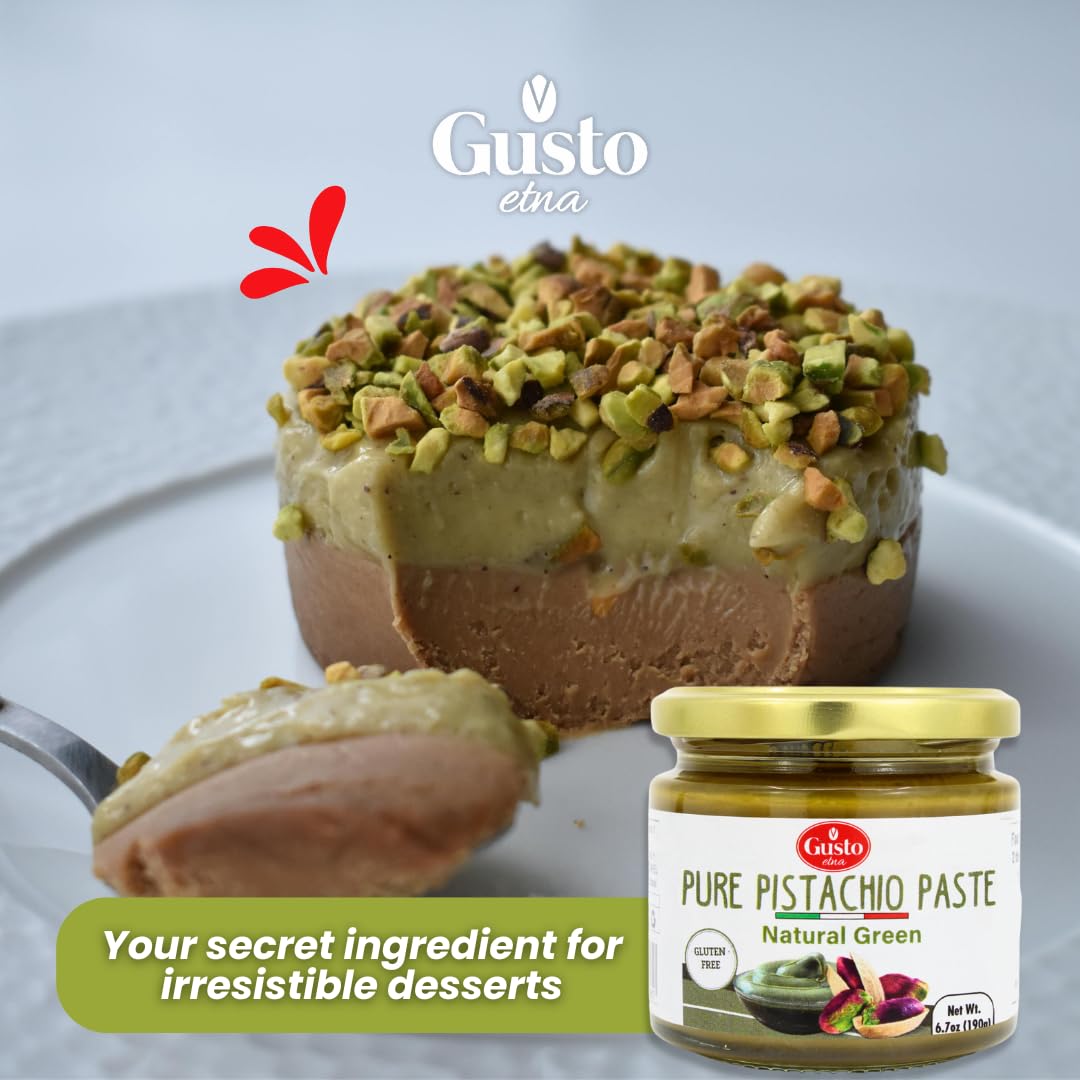 Close-up of a gourmet dessert topped with chopped pistachios and a layer of creamy pistachio paste on a chocolate base, with a spoonful served in the foreground. In the lower right corner, a jar of Gusto Etna Pure Pistachio Paste, labeled "Natural Green" and "Gluten Free," is shown with the tagline "Your secret ingredient for irresistible desserts