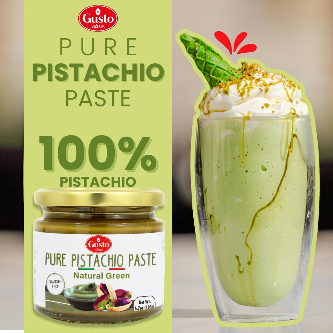 Glass jar of Gusto Etna Pure Pistachio Paste labeled “100% Pistachio” with a gold lid, placed beside a tall glass of pistachio milkshake topped with whipped cream, pistachio drizzle, and a green wafer, set against a split background in light green and beige