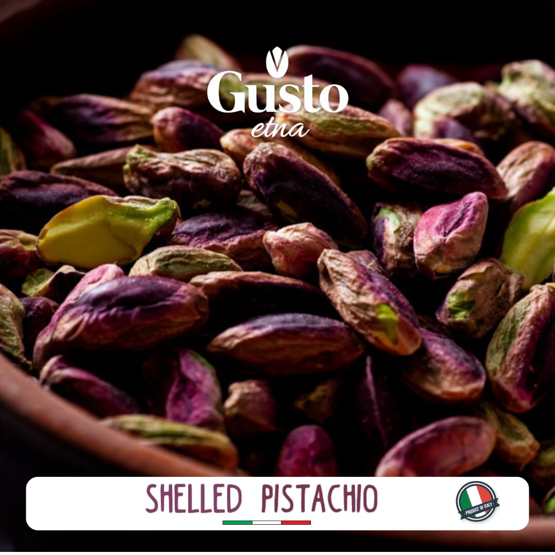 Close-up of premium shelled pistachios with vibrant green and purple hues, Gusto Etna brand, product of Italy