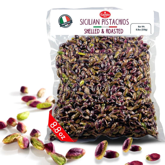 Packaged Sicilian pistachios with visible pistachios on a white background