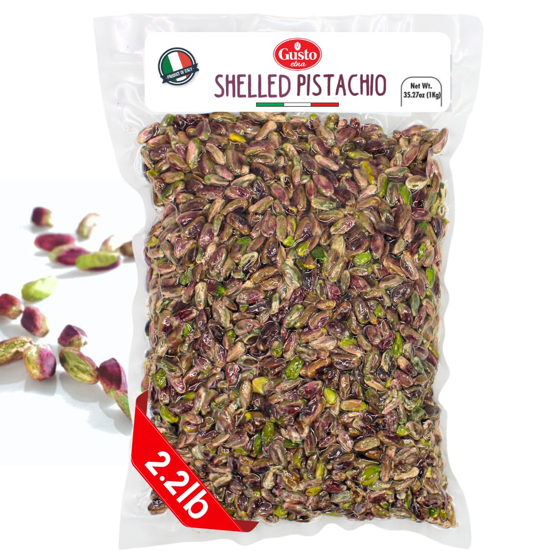 Packaged shelled pistachios with Gusto brand label on a white background