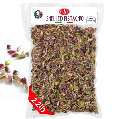 Packaged shelled pistachios with Gusto brand label on a white background