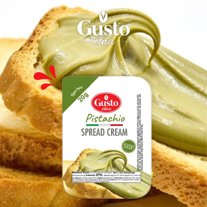Gusto Etta Pistachio Spread Cream on bread with packaging in the foreground