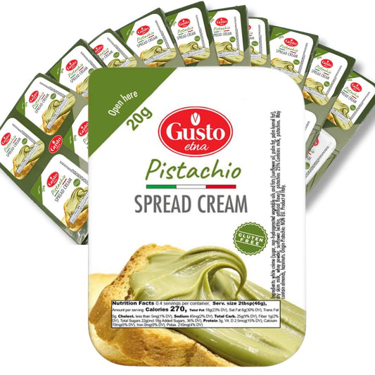 Packaging of Gusto Etna Pistachio Spread Cream with multiple small packets in the background.