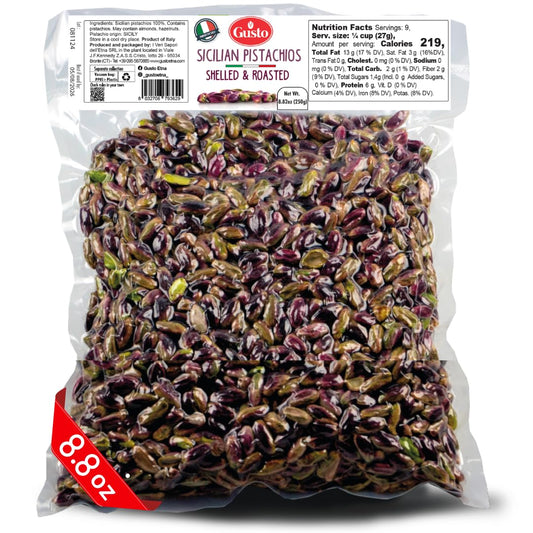 Bag of roasted Sicilian pistachios with nutrition label on a white background