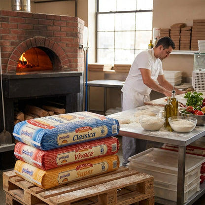Person working in a kitchen with pizza dough packages and ingredients.