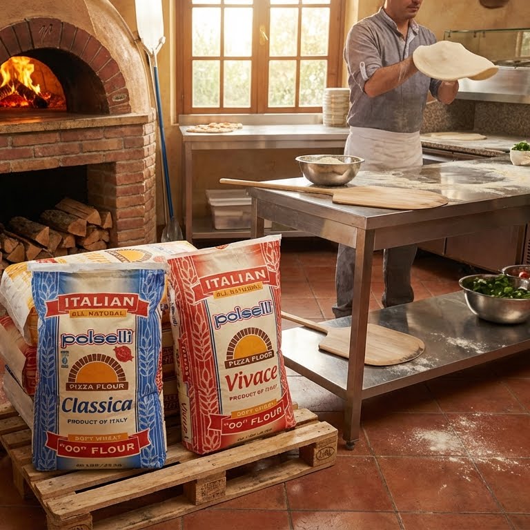 Person preparing pizza in a kitchen with Poiselli flour bags in the foreground.