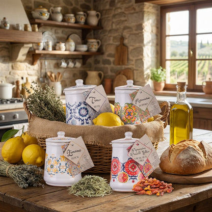Decorative ceramic jars with colorful labels on a rustic kitchen counter with lemons, bread, and olive oil.