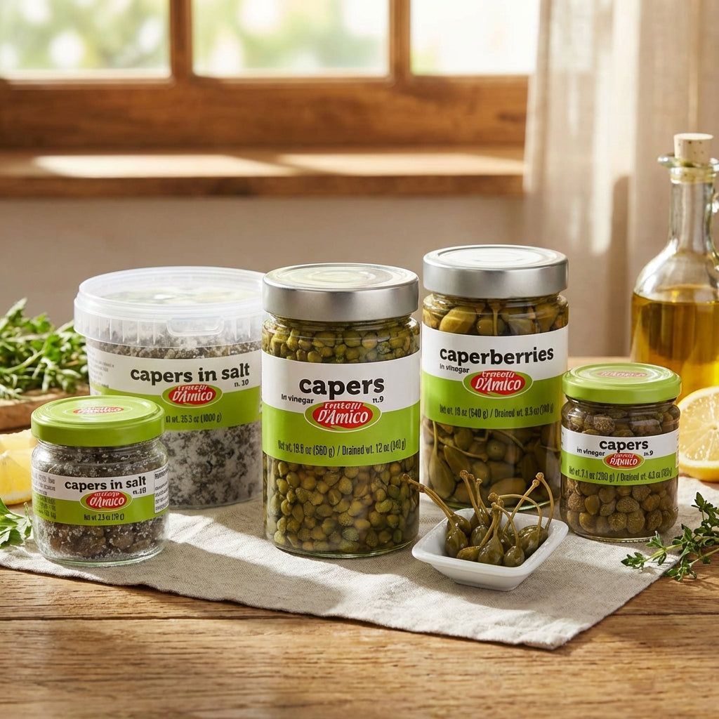 Jars of capers on a wooden table with a window in the background