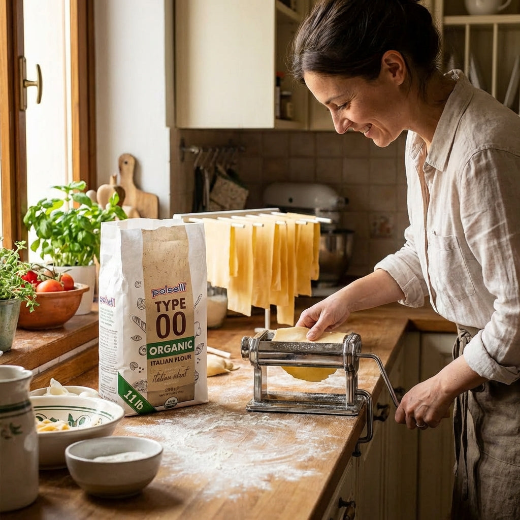 Person making fresh pasta with a package of polselli Type 00 Organic Italian flour on a wooden table.