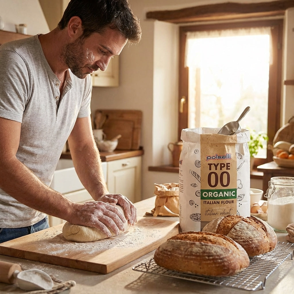 Person making bread with a package of polselli Type 00 Organic Italian flour on a wooden table.
