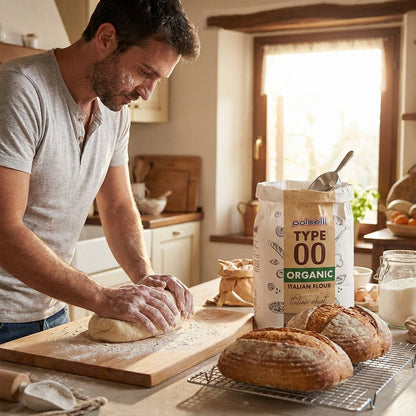 Person making bread with a package of polselli Type 00 Organic Italian flour on a wooden table.