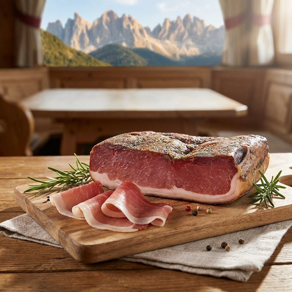 Speck, 6 lbs +/- (4lbs - 6lbs/piece) ,Seasoned and Smoked Italian Ham, Cured in the European Alps Mountains, Alto Adige IGP, Boneless and Ready to Slice, Best sliced paper thin with slicer, (Not Prosciutto), Weight approx. 6 lbs, by Moser Tirolinger brand