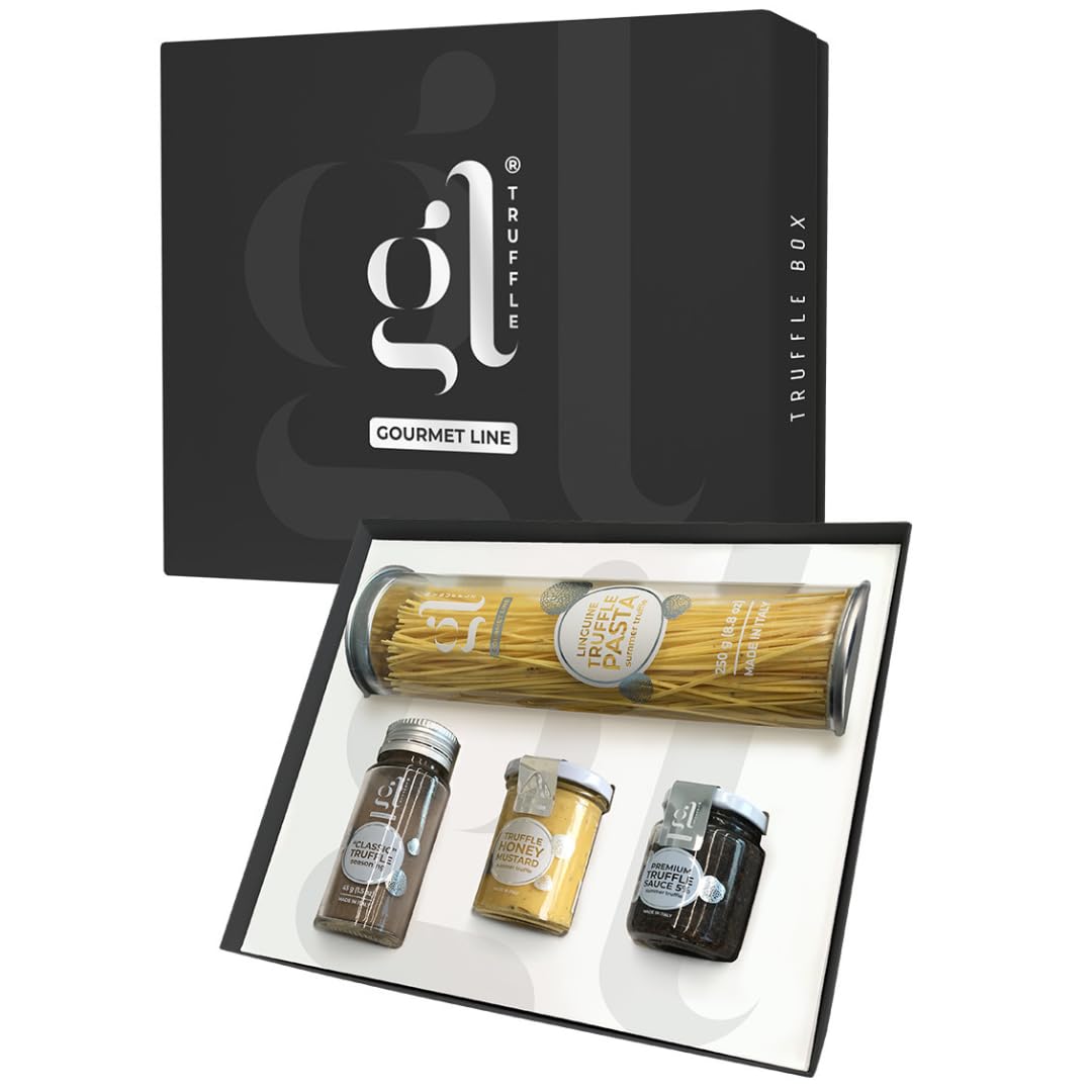 Luxury truffle gift box with linguine, premium truffle sauce, honey mustard, and classic truffle seasoning. Perfect for gourmet lovers.