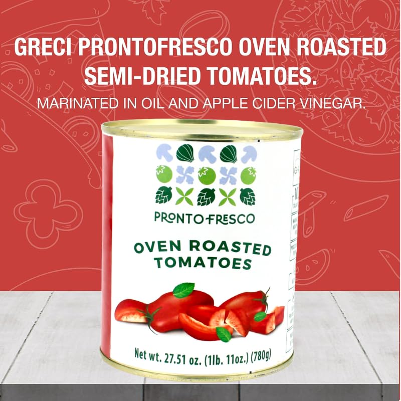 Packaging image of Greci Pronto Fresco semi-dried oven roasted tomatoes in sunflower oil.