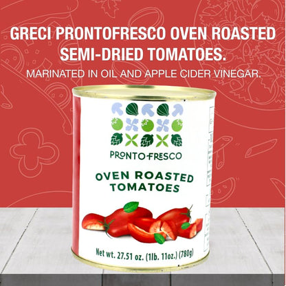 Packaging image of Greci Pronto Fresco semi-dried oven roasted tomatoes in sunflower oil.