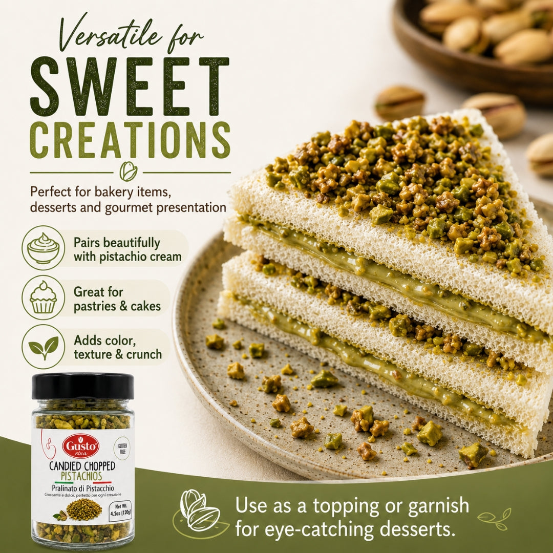 Sandwich of crunchy candied chopped pistachio with product packaging and text on a light background