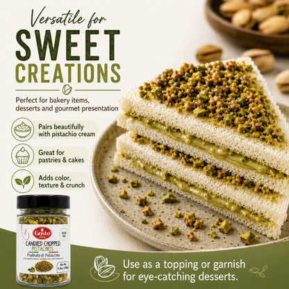 Sandwich of crunchy candied chopped pistachio with product packaging and text on a light background