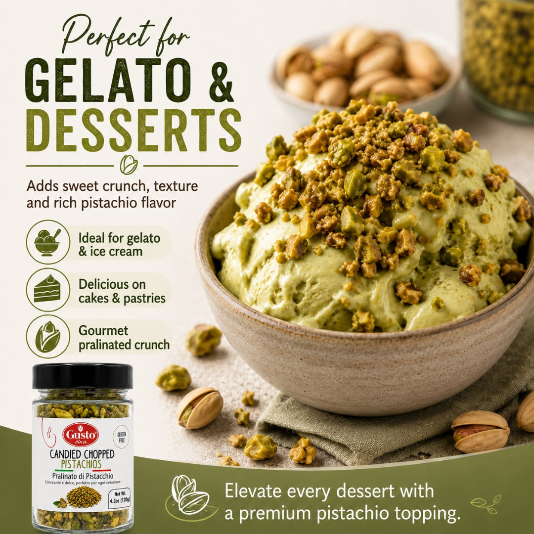 Ice cream bowl of crunchy candied chopped pistachio with product packaging and text on a light background