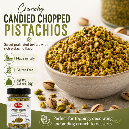 Bowl of crunchy candied chopped pistachio with product packaging and text on a light background