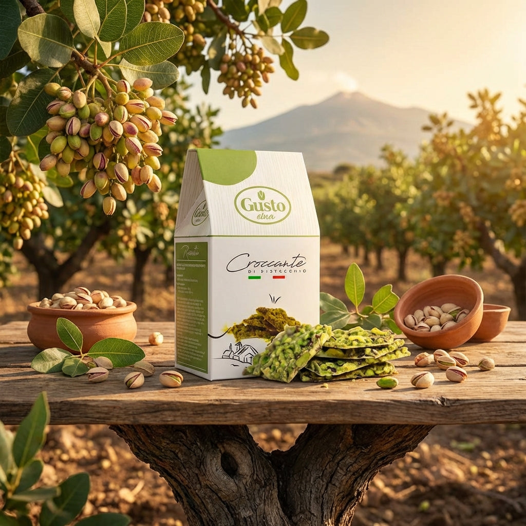 Gusto olive oil packaging on a wooden table with olive trees and mountains in the background