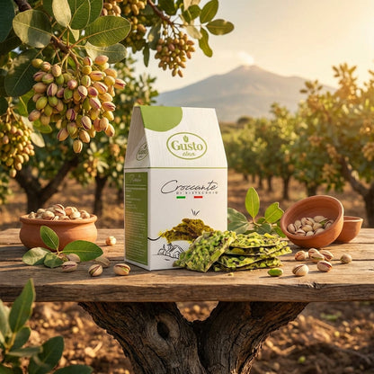 Gusto olive oil packaging on a wooden table with olive trees and mountains in the background