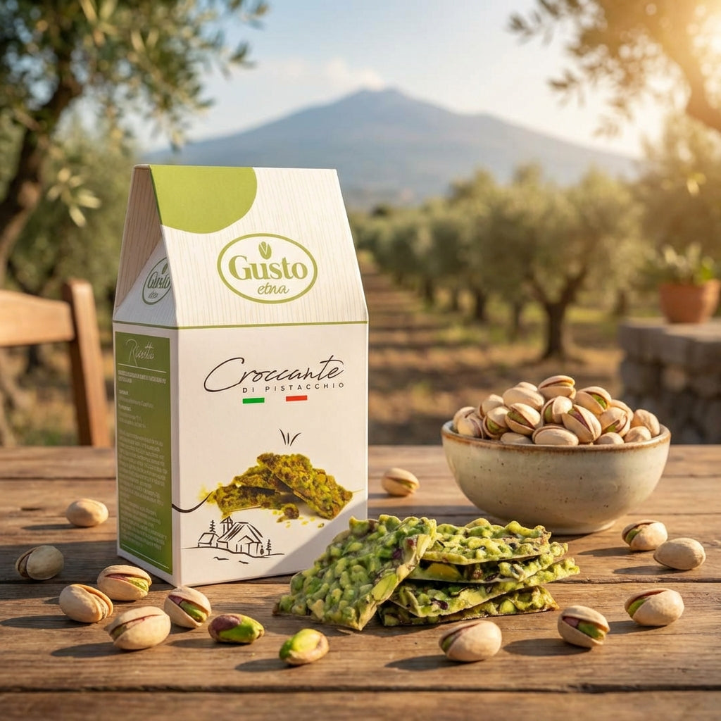 Gusto Croccante pistachio snacks packaging with pistachios on a wooden table outdoors.