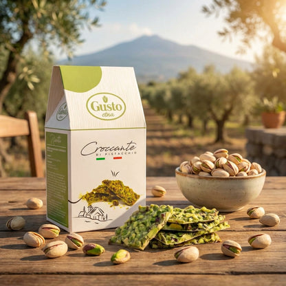 Gusto Croccante pistachio snacks packaging with pistachios on a wooden table outdoors.