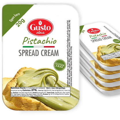Gusto Pistachio Spread Cream packaging with a stack of cream containers on a white background