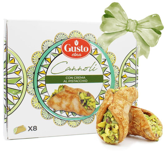 Gusto Etna cannoli gift set with pistachio cream and pistachio chopped packaging with a green bow on a white background