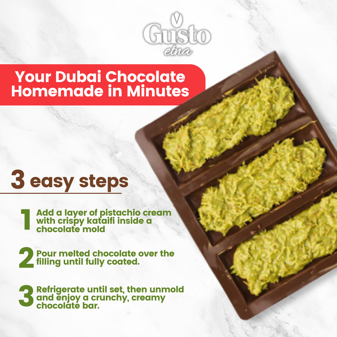 Gusto Etna, Dubai Pistachio Chocolate Bar Filling- 1 Kg, Pistachio Cream with Crispy Kataifi